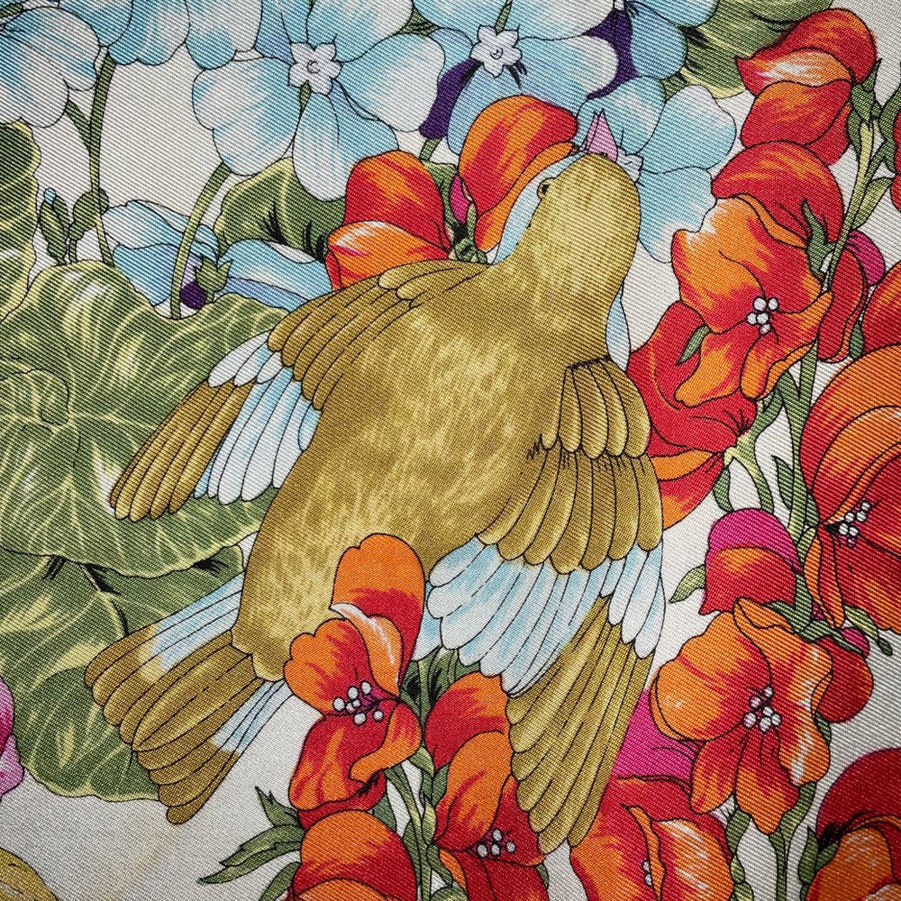 Christian Dior 32” Square 100% Silk Scarf Blue Multicolored Birds & Floral Print - Picture 12 of 16